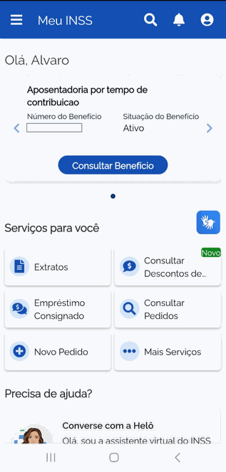 Tela no aplicativo Meu INSS